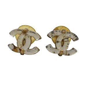 Auth CHANEL Clear Gold Plastic Hardware Earrings
